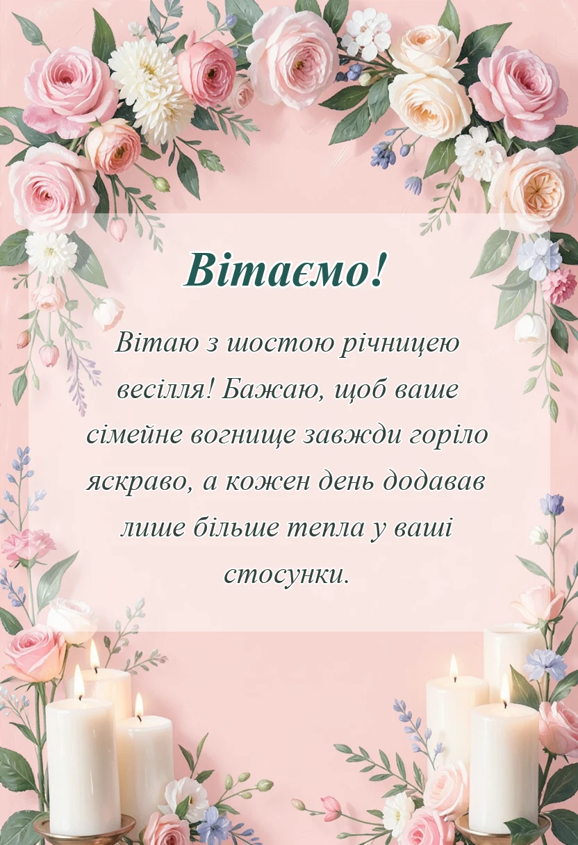 святкова картинка: привітання з шостою річницею весілля