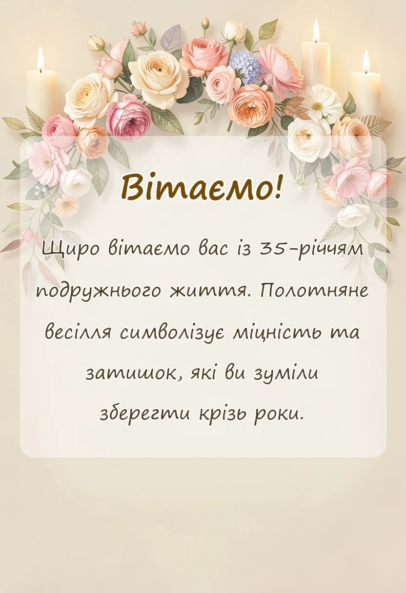 унікальна листівка - привітання з річницею весілля 35 років полотняне коралове весілля