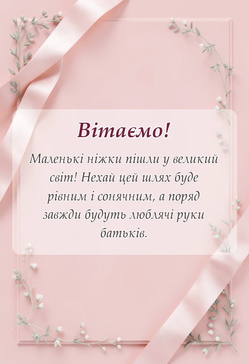листівка з побажанням - привітання з першими кроками дитини