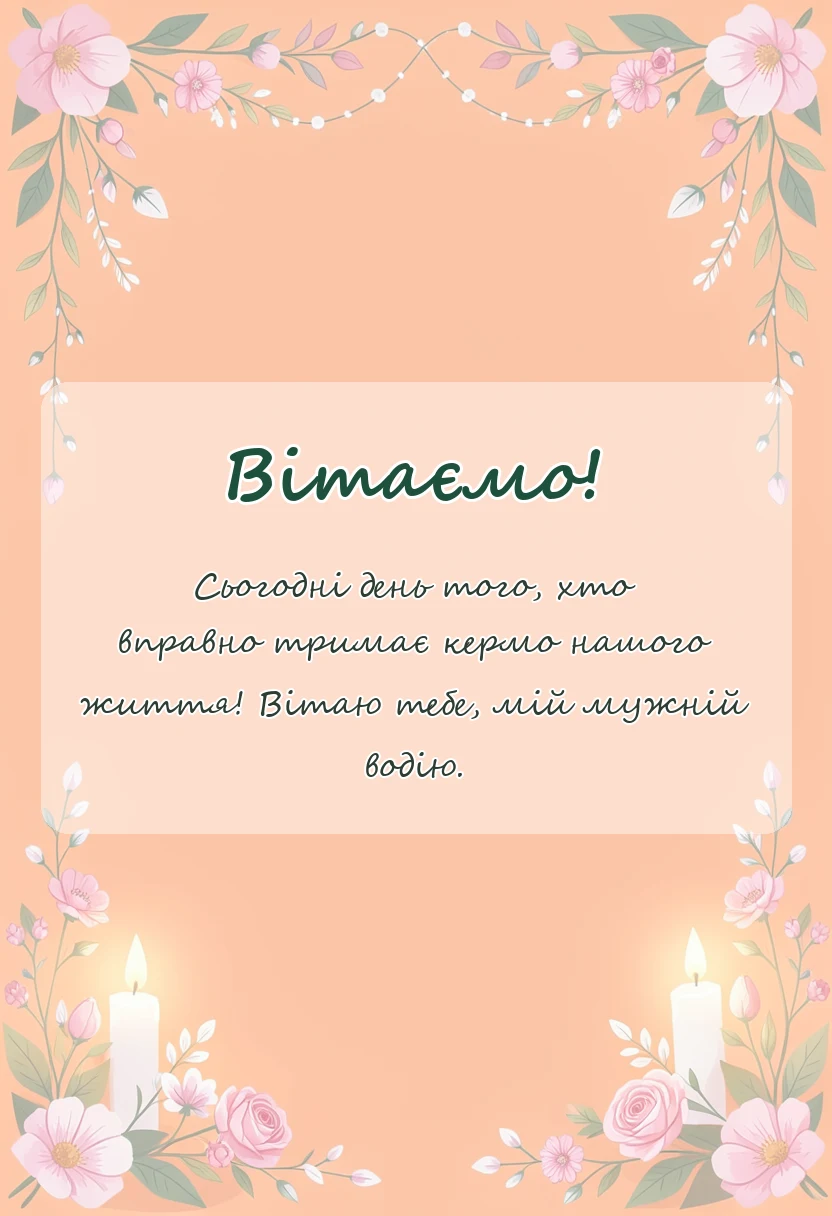 красива листівка: привітання з днем водія чоловіка