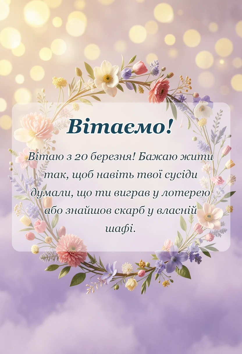 листівка з побажанням - привітання з днем щастя 20 березня