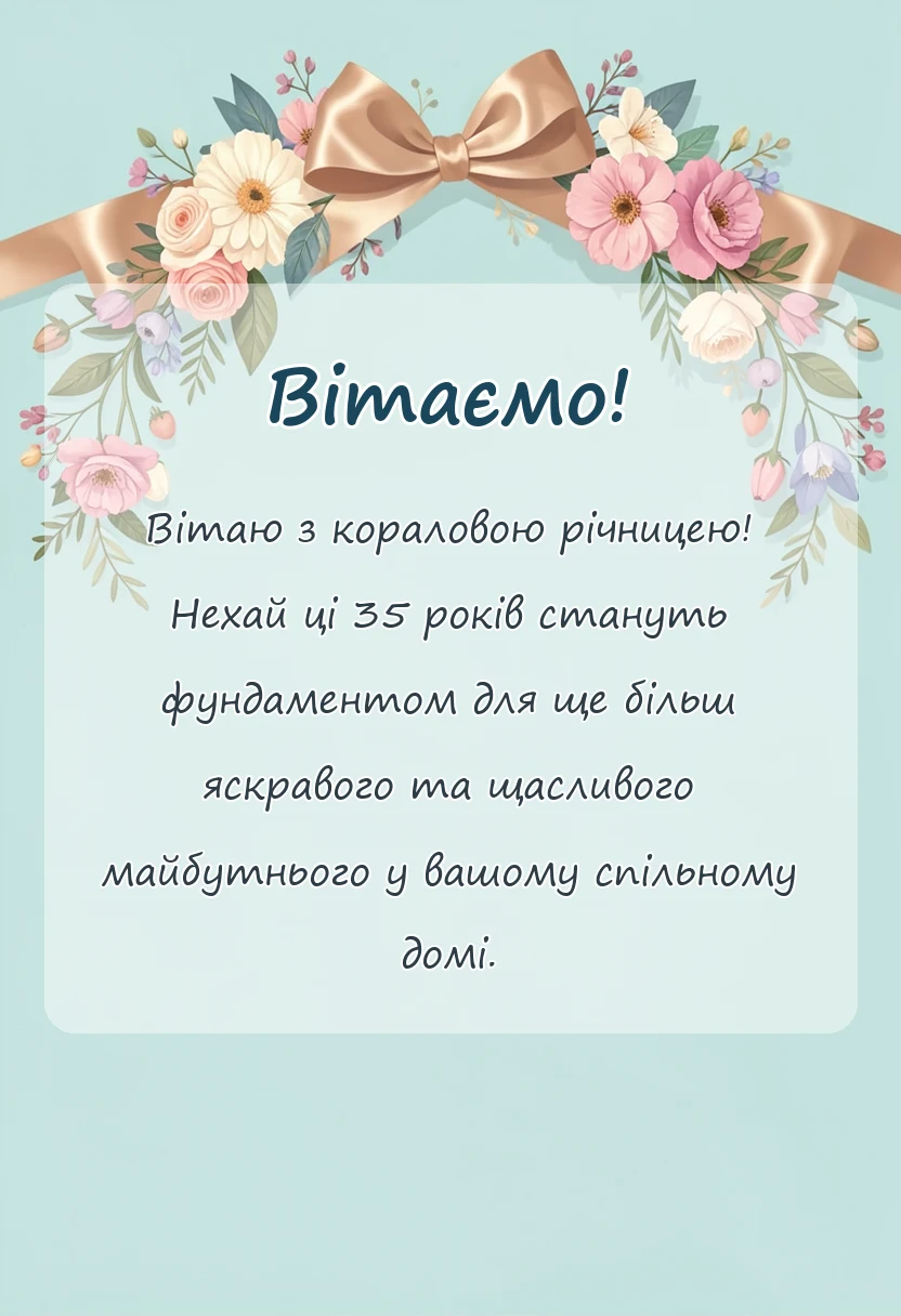 красива листівка: привітання з річницею весілля 35 років полотняне коралове весілля