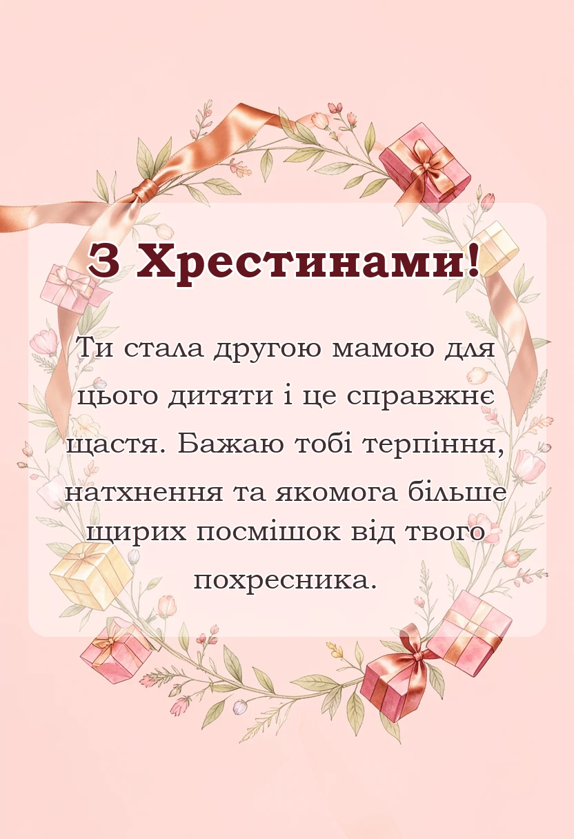 вітальна листівка - привітання з хрестинами своїми словами від хрещеної