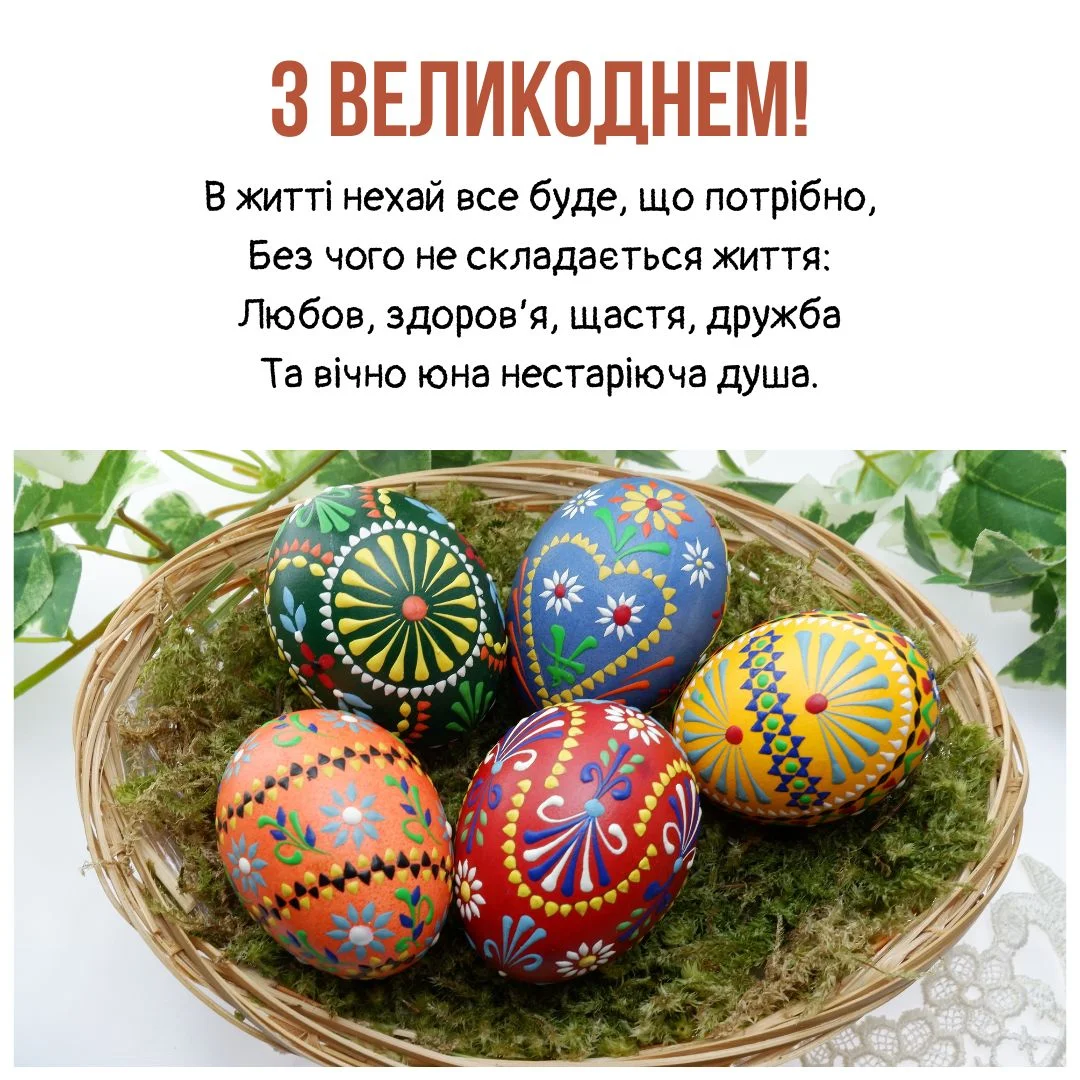 Яскраві великодні яйця в кошику з привітанням.