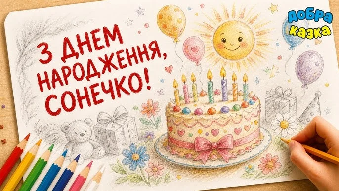 Яскравий малюнок з тортів та привітанням на день народження.