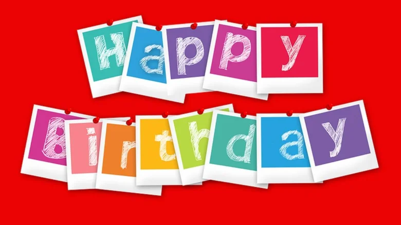 Яскраві фото в стилі Polaroid з написом Happy Birthday на червоному фоні.