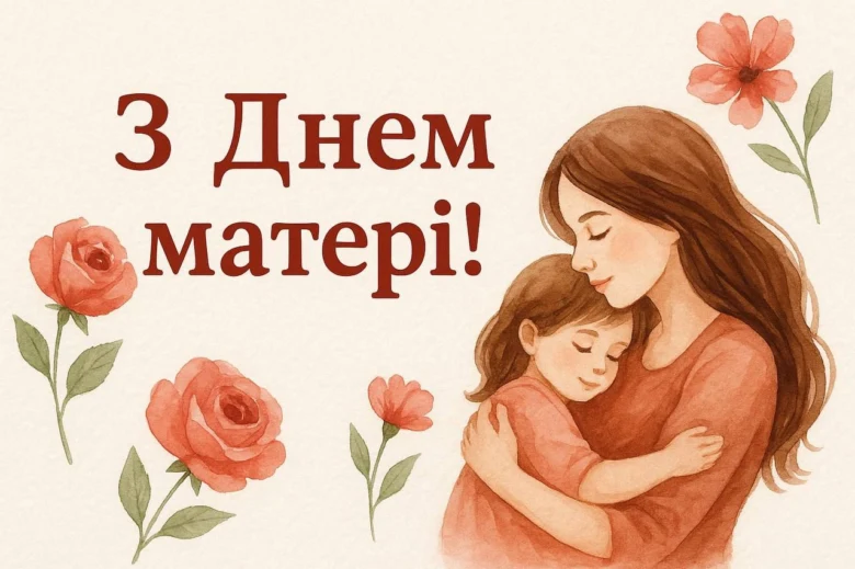 Мама обіймає дитину, квіти та привітання з днем матери.