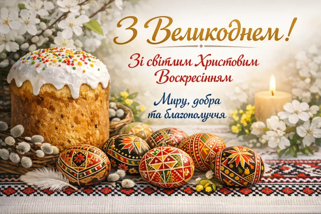 Великодній привітання з куличем та писанками