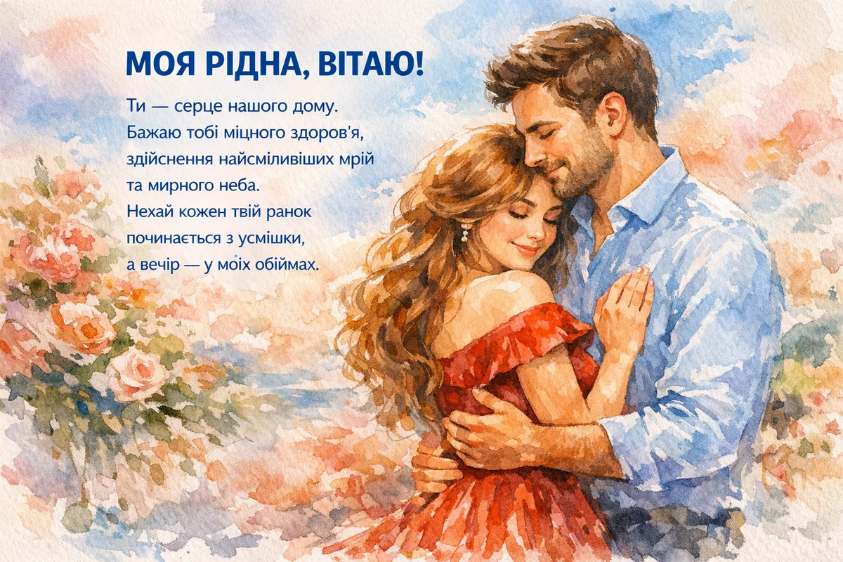 Кохана пара обіймається на фоні квітів з привітанням.
