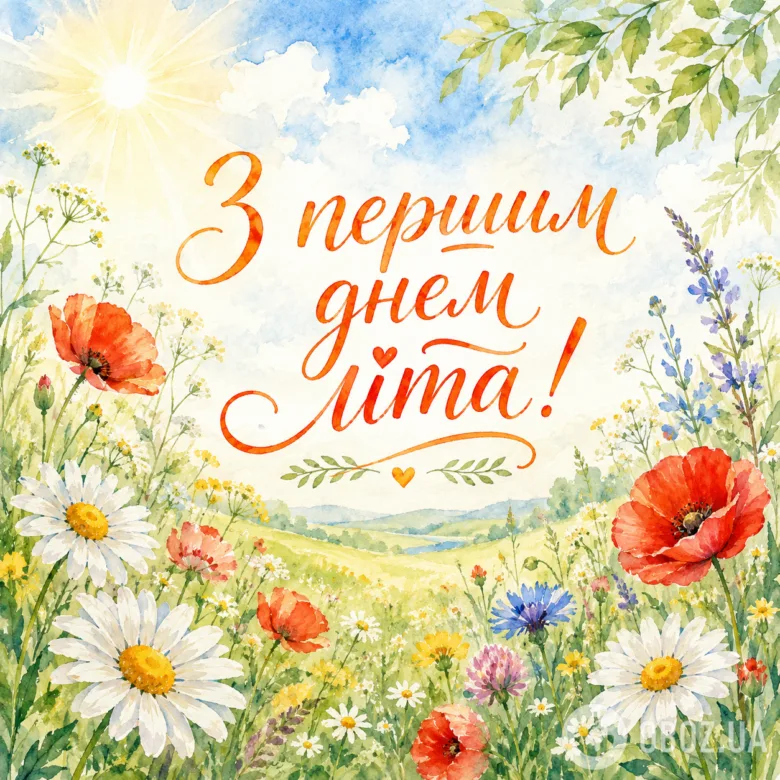 Картка з привітанням на перший день літа серед квітів.