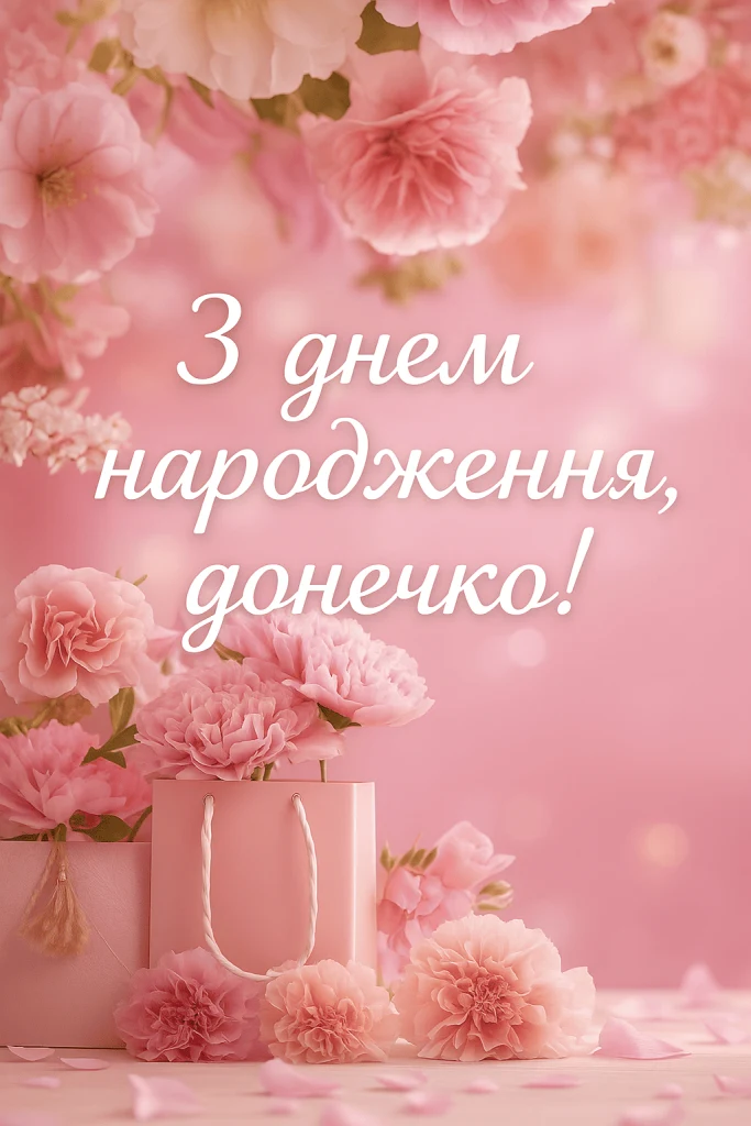 Розові квіти та привітання з днем народження доньці.