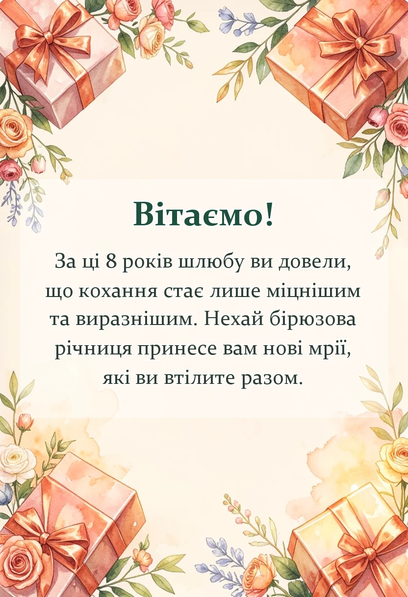 красива листівка: привітання з бірюзовим весіллям своїми словами