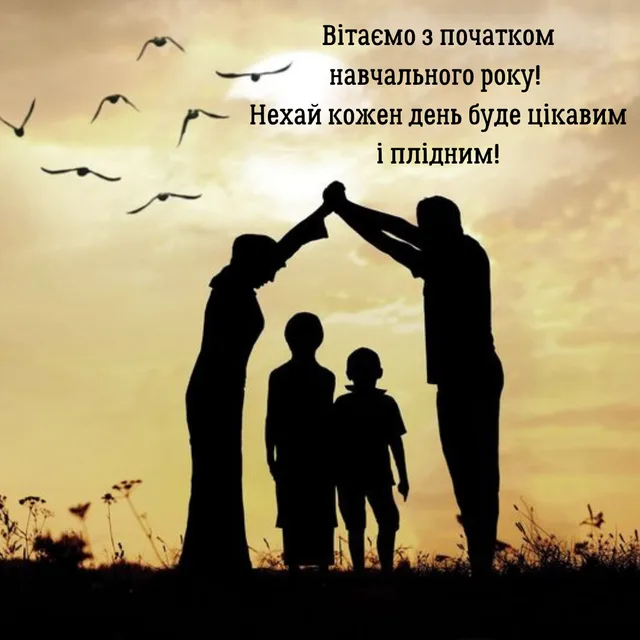 Сіуета сім'ї на заході сонця з птахами в небі