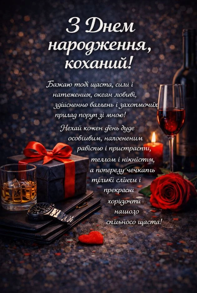 Привітання з днем народження для хлопця: подарунок, вино та квіти.