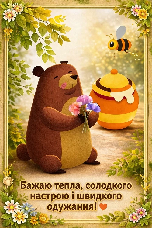 Мішка тримає квіти поруч з бджолою та медом.