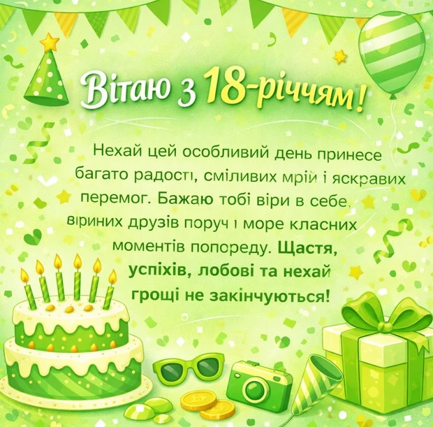 Картка з привітанням на 18-річчя українською мовою.