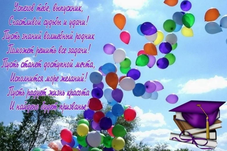 Кольорові кульки та шапка випускника на фоні неба