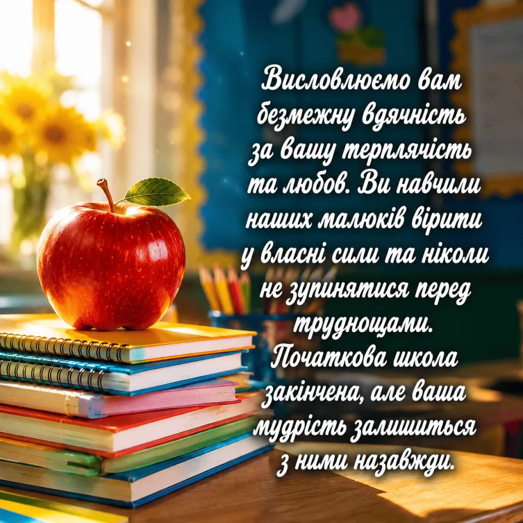 Яблуко на зошитах у класі з подякою вчителю
