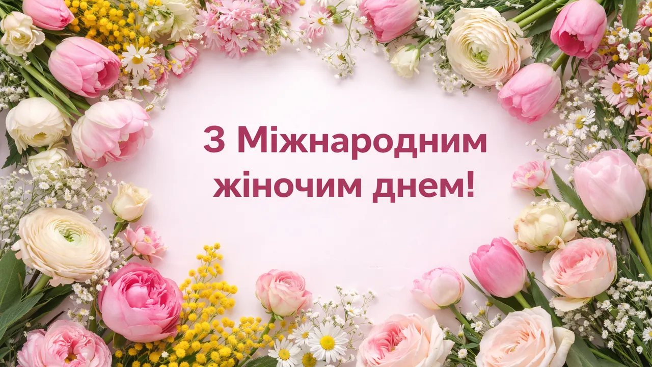 Квіти та привітання з Міжнародним жіночим днем українською.