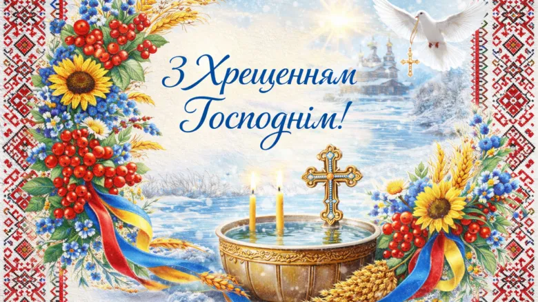Водохрещення: хрест, кадило, голубка та квіти на фоні церкви.
