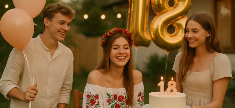 Чоловік, жінка та дівчина святкують 18-річчя з тортком.