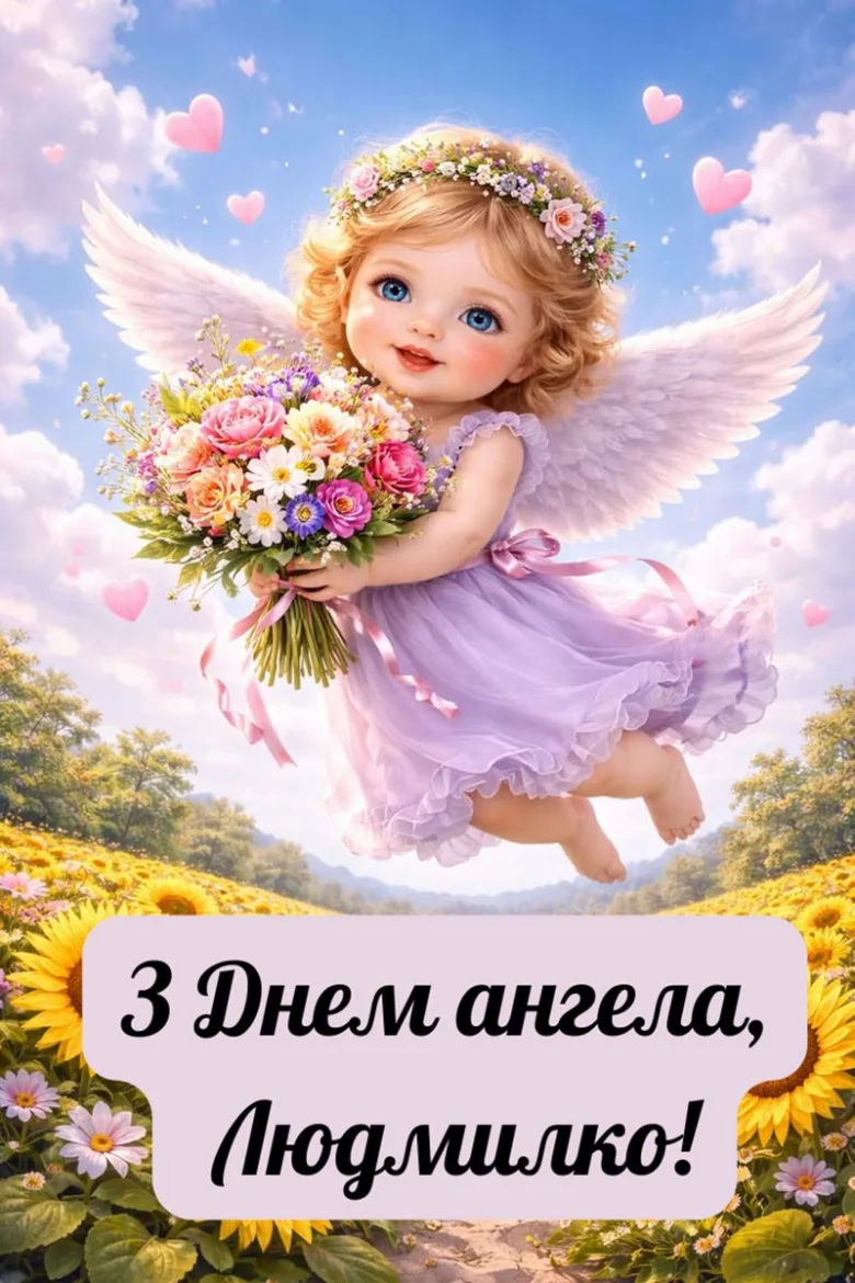 Картка з ангелом та квітами для дня ангела Людмили