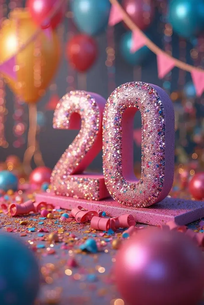 Сяйучі цифри «20» на фоні кульок та конфетті для привітання.