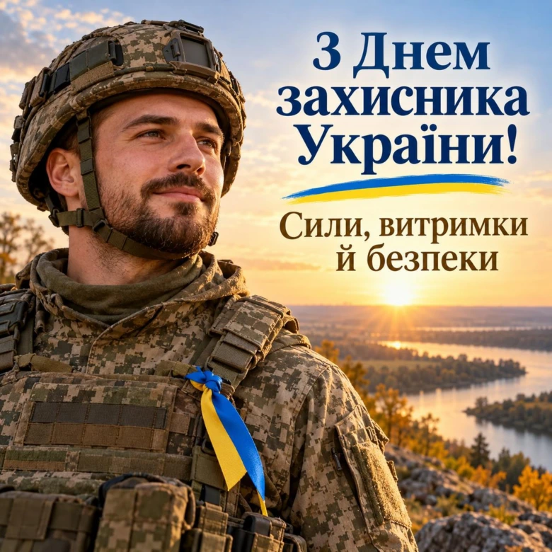 З Днем захисника України! Солдат у формі з прапором.
