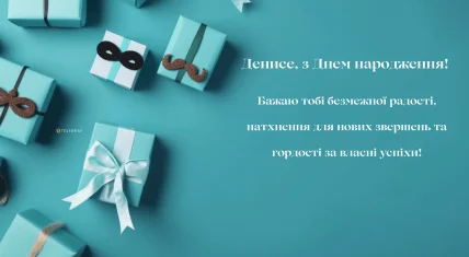 Синя картка з подарунками та привітанням Денису.