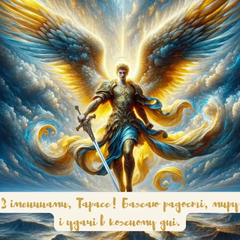 Ангел у золотій зброї на хмарах із привітанням Тарасу.