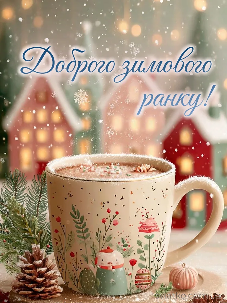 Тепла кава в чашці з снігом та хатинками на фоні