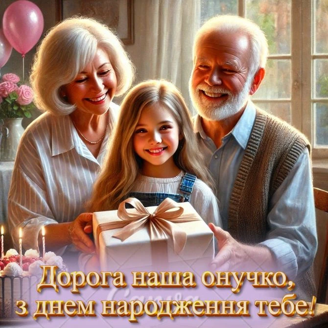 Бабуся з дідуся вітають онучку з днем народження.
