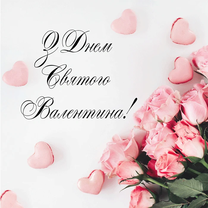 Розові троянди та серця з привітанням на День святого Валентина.